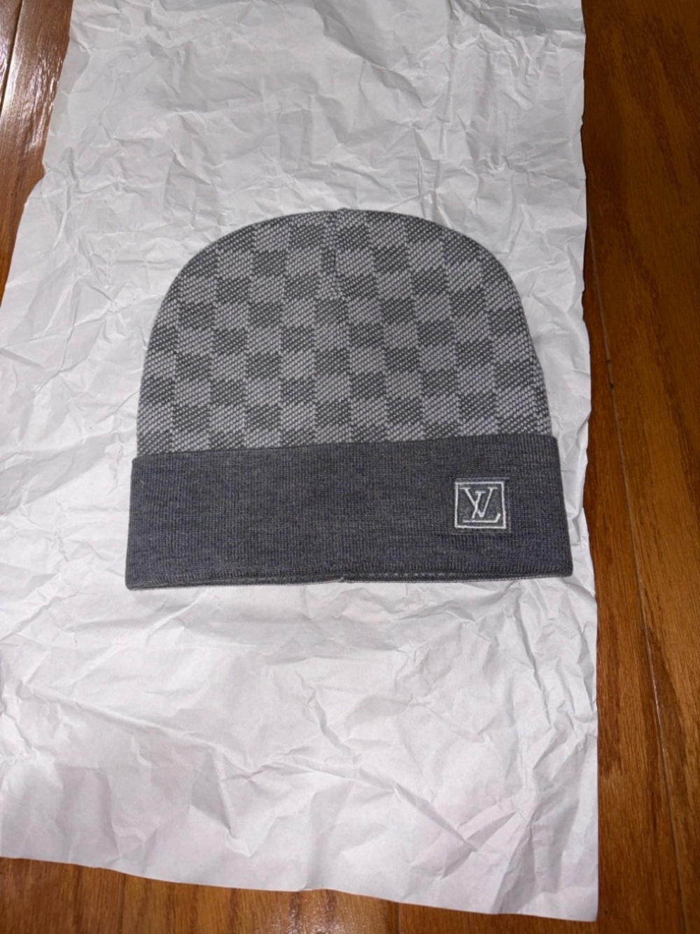 Louis Vuitton Grey Knit Beanie with Monogram Tag
